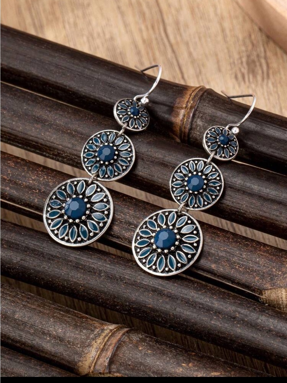 Silver-Tone Blue Floral Drop Earrings - Elegant Women Jewelry